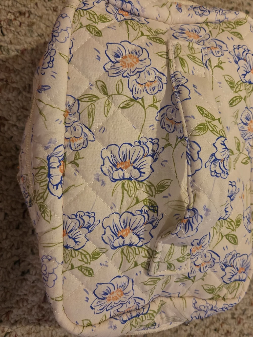 Floral Quilted Cosmetic Case - Cream with Blue Floral Print